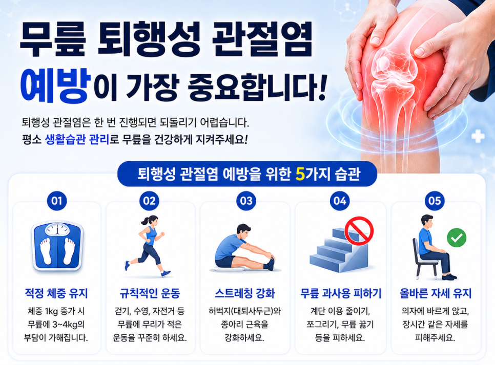 퇴행성관절염을 예방하는 올바른 운동이나 생활습관을 보여주는 그림